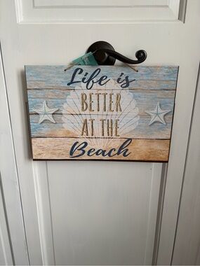 NWT Life is Better at the Beach Coastal Wall Sign 13.25x9 inches Blue White Gold